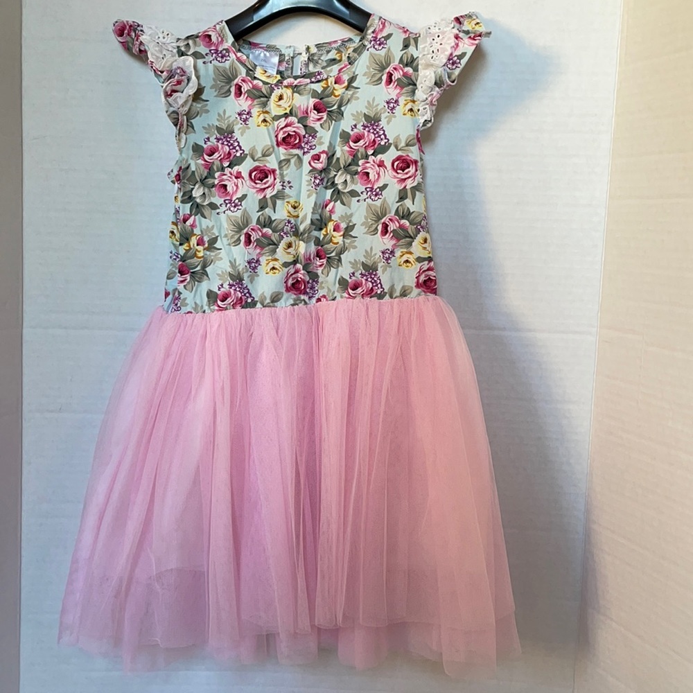 Boutique Girls Pink Tulle Rose Ruffles Shoulder Dress Size XL